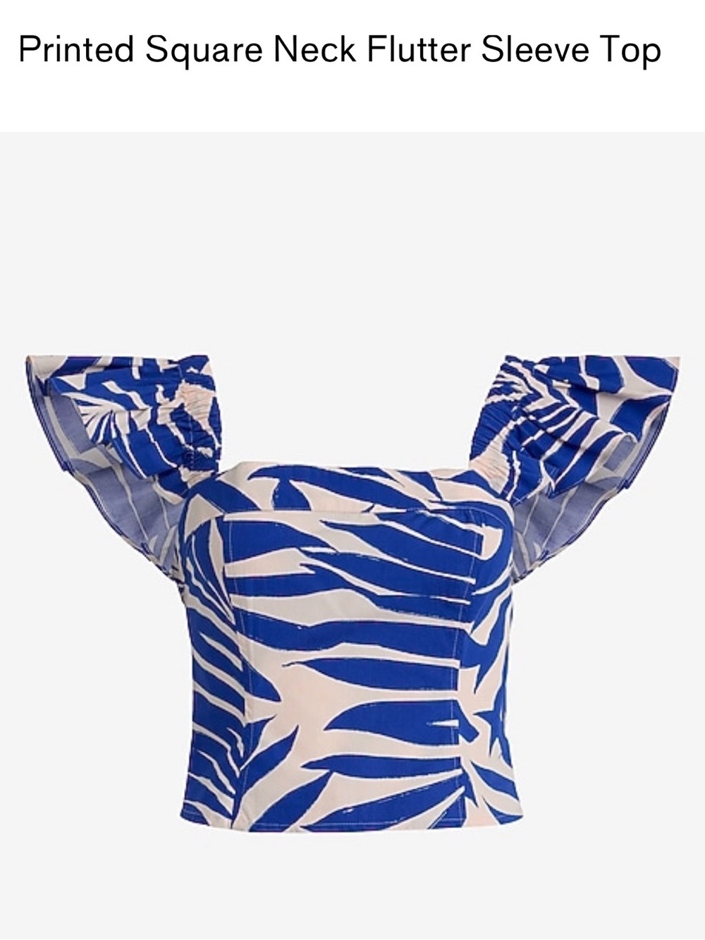 Express Blue and White Printed Square Neck Flutter Sleeve Crop Top